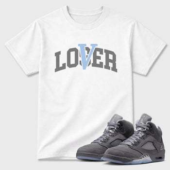 Sneaker match tees – Sneaker Tees To Match Air Jordan 5 Wolf Grey Shoes – Loser Lover Varsity Tee White 1