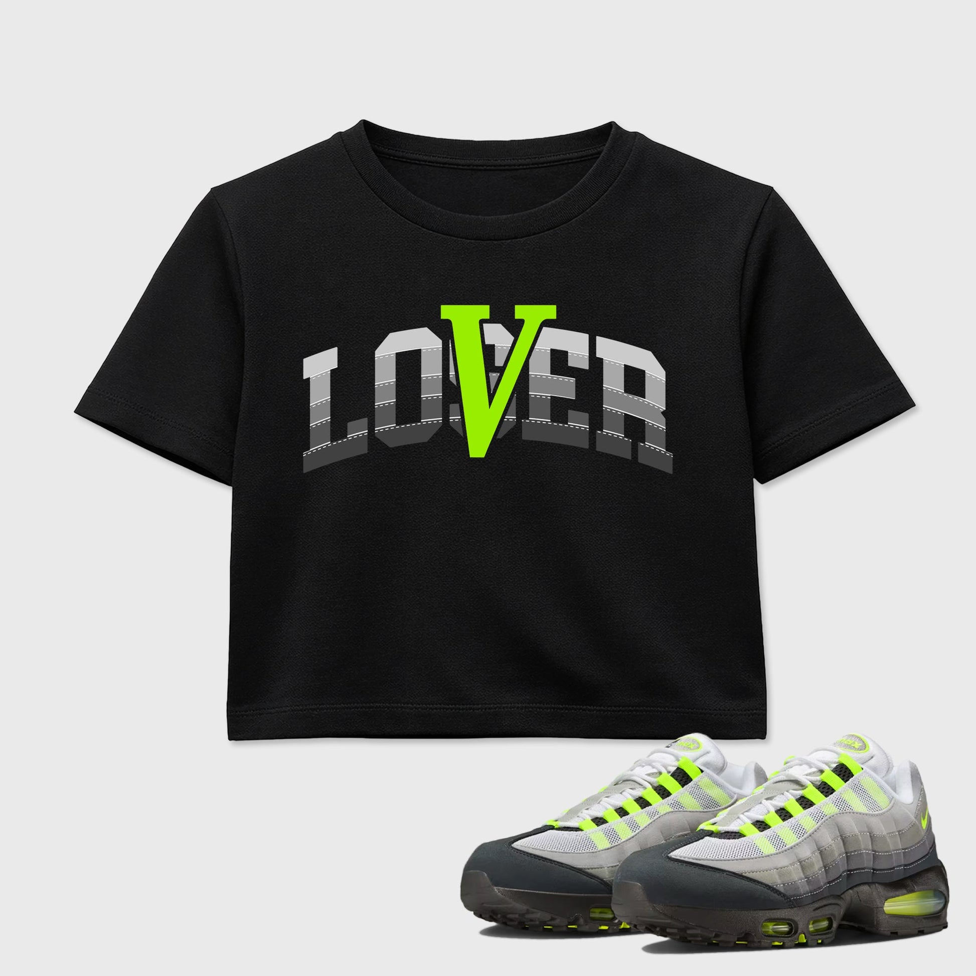 Sneaker match tees – Sneaker Tees To Match Air Max 95 Neon Yellow Shoes – Loser Lover Varsity Crop T-Shirt Black 1