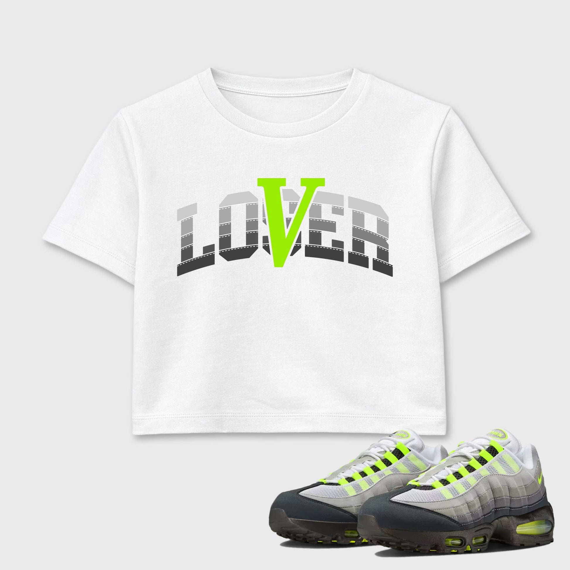 Sneaker match tees – Sneaker Tees To Match Air Max 95 Neon Yellow Shoes – Loser Lover Varsity Crop T-Shirt White 1