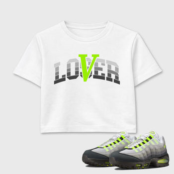 Sneaker match tees – Sneaker Tees To Match Air Max 95 Neon Yellow Shoes – Loser Lover Varsity Crop T-Shirt White 1