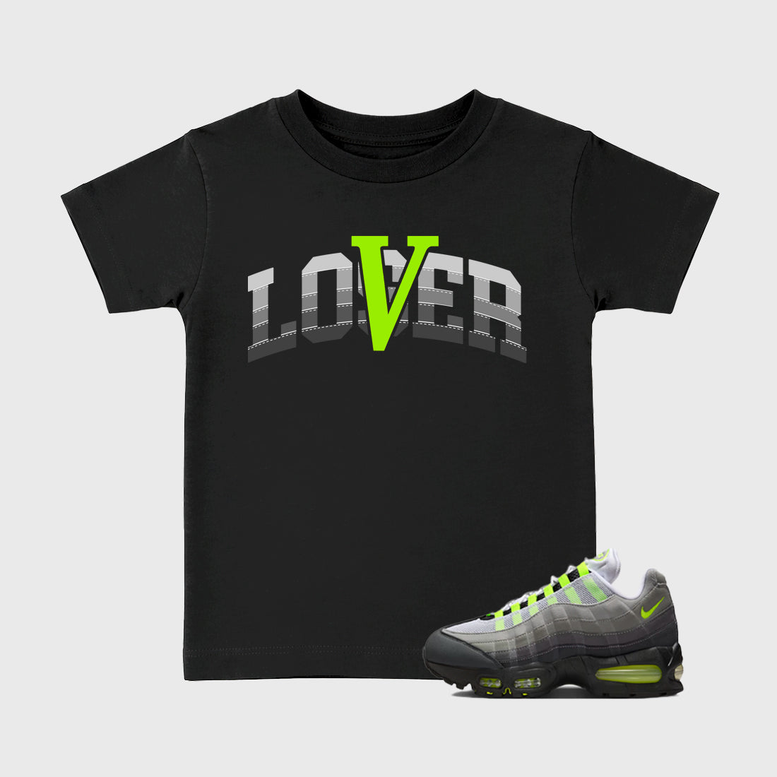 Sneaker match tees – Sneaker Tees To Match Air Max 95 Neon Yellow Shoes – Loser Lover Varsity Kids T-Shirt Black 1