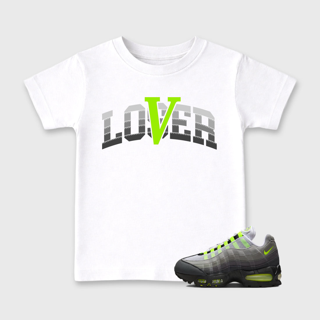 Sneaker match tees – Sneaker Tees To Match Air Max 95 Neon Yellow Shoes – Loser Lover Varsity Kids T-Shirt White 1
