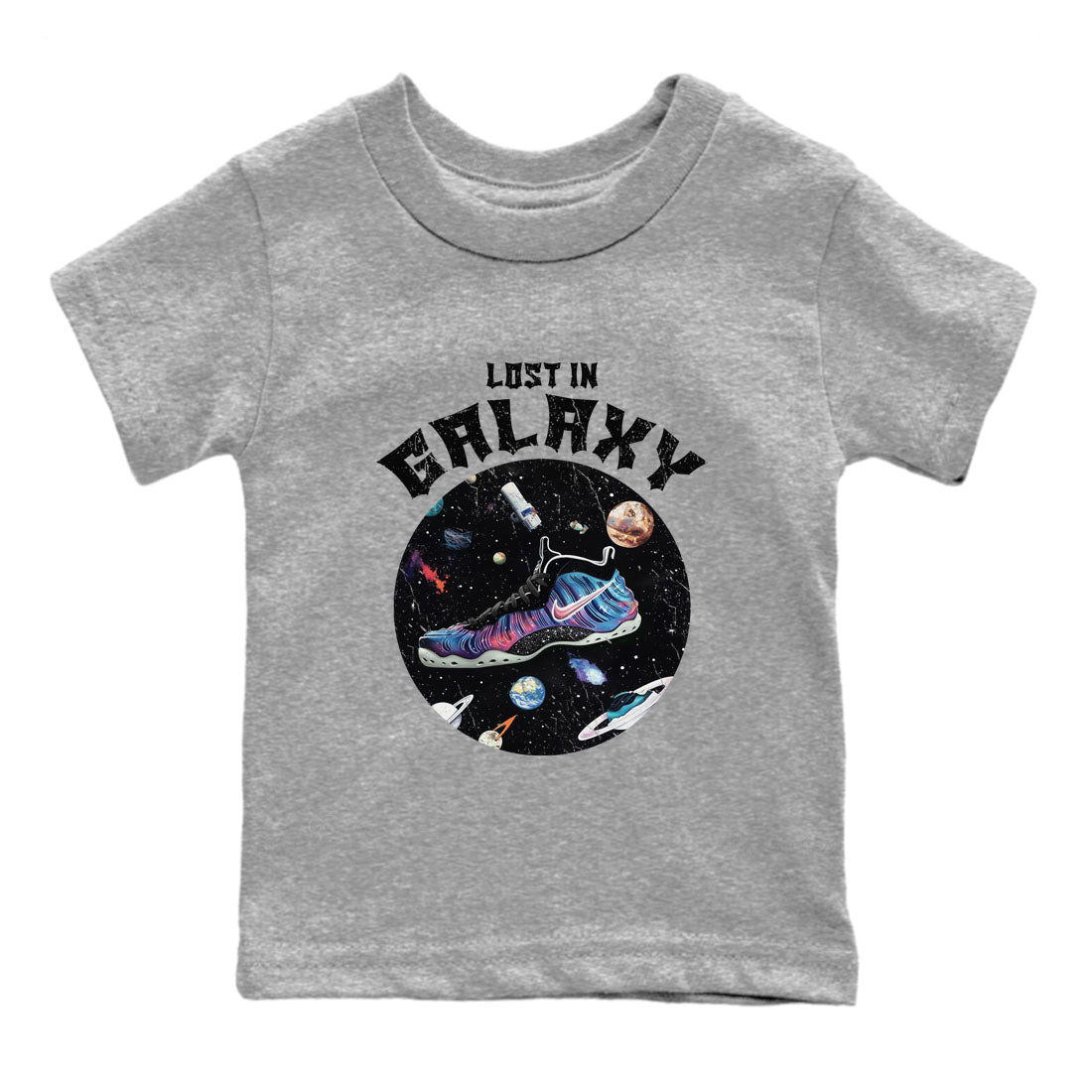 Foams One Galaxy shirts to match jordans Lost In Galaxy best t shirts to wear with jordans Air Foamposite One Galaxy match shoes to clothes SNRT Sneaker Tees Youth Baby Heather Grey 2 tee