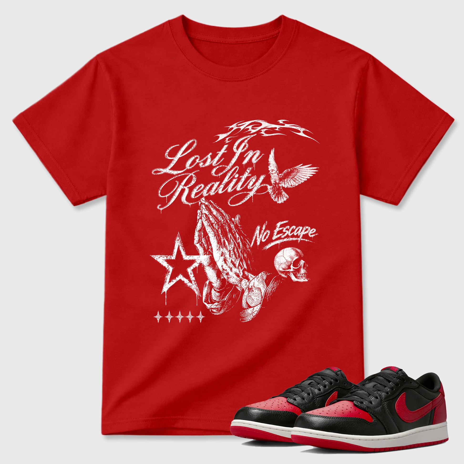 Sneaker match tees – Sneaker Tees To Match Air Jordan 1 Banned Shoes – Lost in Reality Tee Red 1