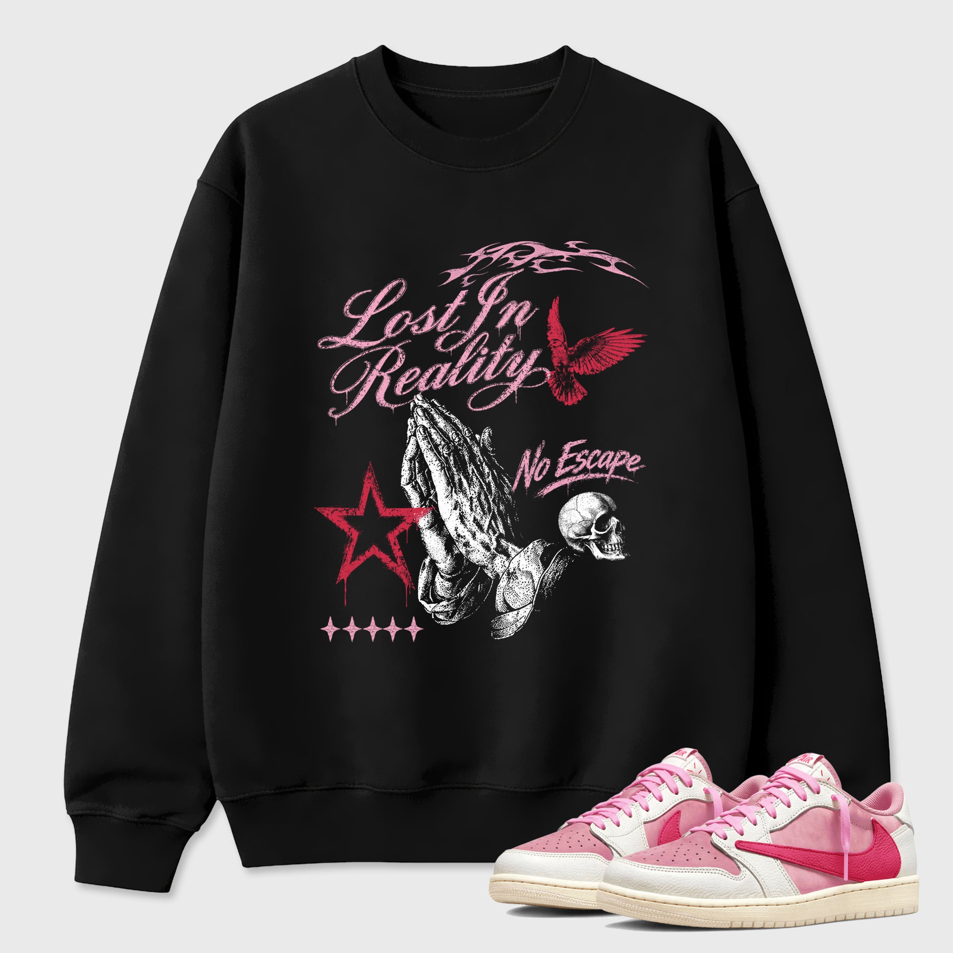 Lost in Reality Graphic T-Shirt sneaker match tee designed for the Air Jordan 1 Travis Scott Tropical Pink, featuring coordinated color options for a perfect streetwear match. Black 1 shirt.