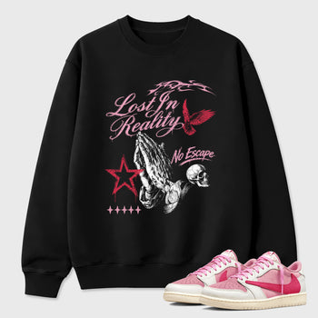 Lost in Reality Graphic T-Shirt sneaker match tee designed for the Air Jordan 1 Travis Scott Tropical Pink, featuring coordinated color options for a perfect streetwear match. Black 1 shirt.