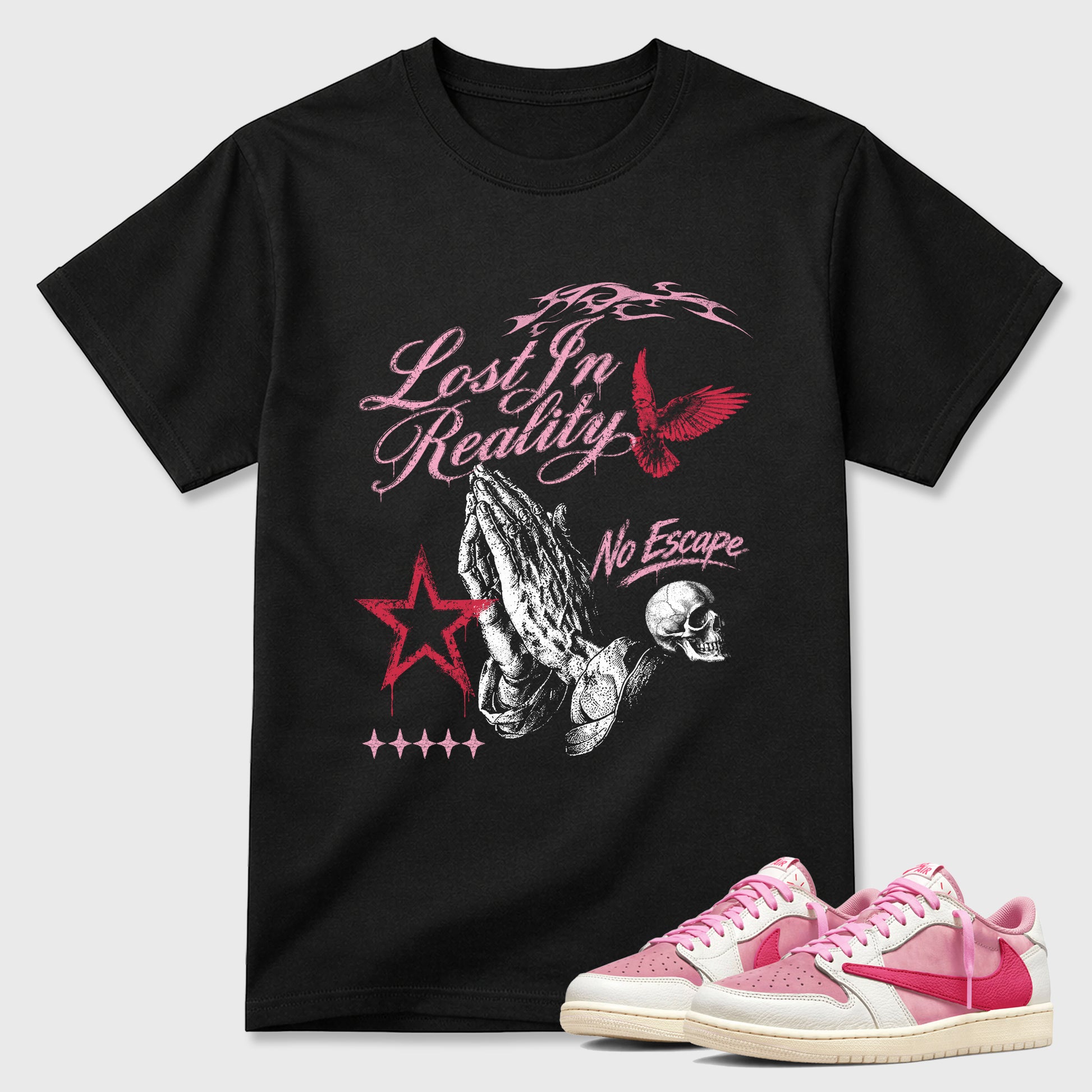 Lost in Reality Graphic T-Shirt sneaker match tee designed for the Air Jordan 1 Travis Scott Tropical Pink, featuring coordinated color options for a perfect streetwear match. Black 1 shirt.
