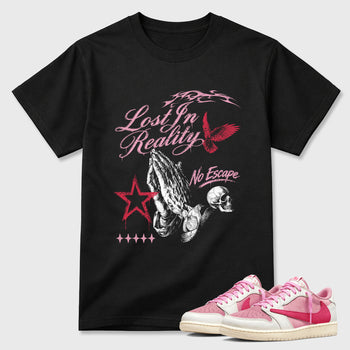 Lost in Reality Graphic T-Shirt sneaker match tee designed for the Air Jordan 1 Travis Scott Tropical Pink, featuring coordinated color options for a perfect streetwear match. Black 1 shirt.