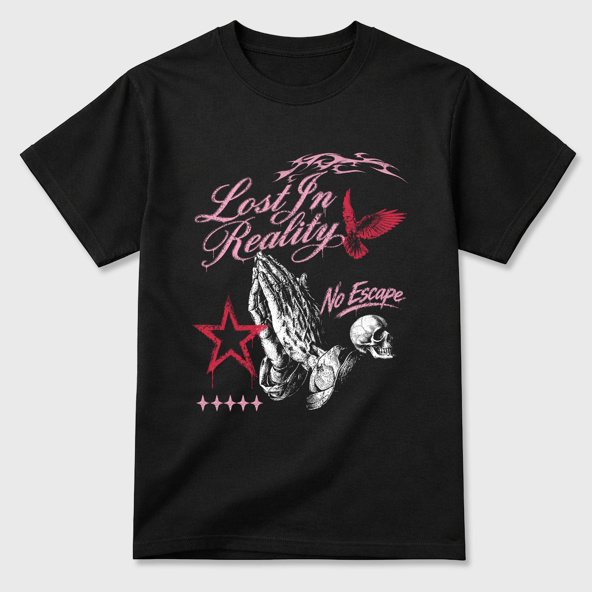 Lost in Reality Graphic T-Shirt sneaker match tee designed for the Air Jordan 1 Travis Scott Tropical Pink, featuring coordinated color options for a perfect streetwear match. Black 2 shirt.
