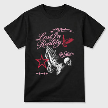 Lost in Reality Graphic T-Shirt sneaker match tee designed for the Air Jordan 1 Travis Scott Tropical Pink, featuring coordinated color options for a perfect streetwear match. Black 2 shirt.