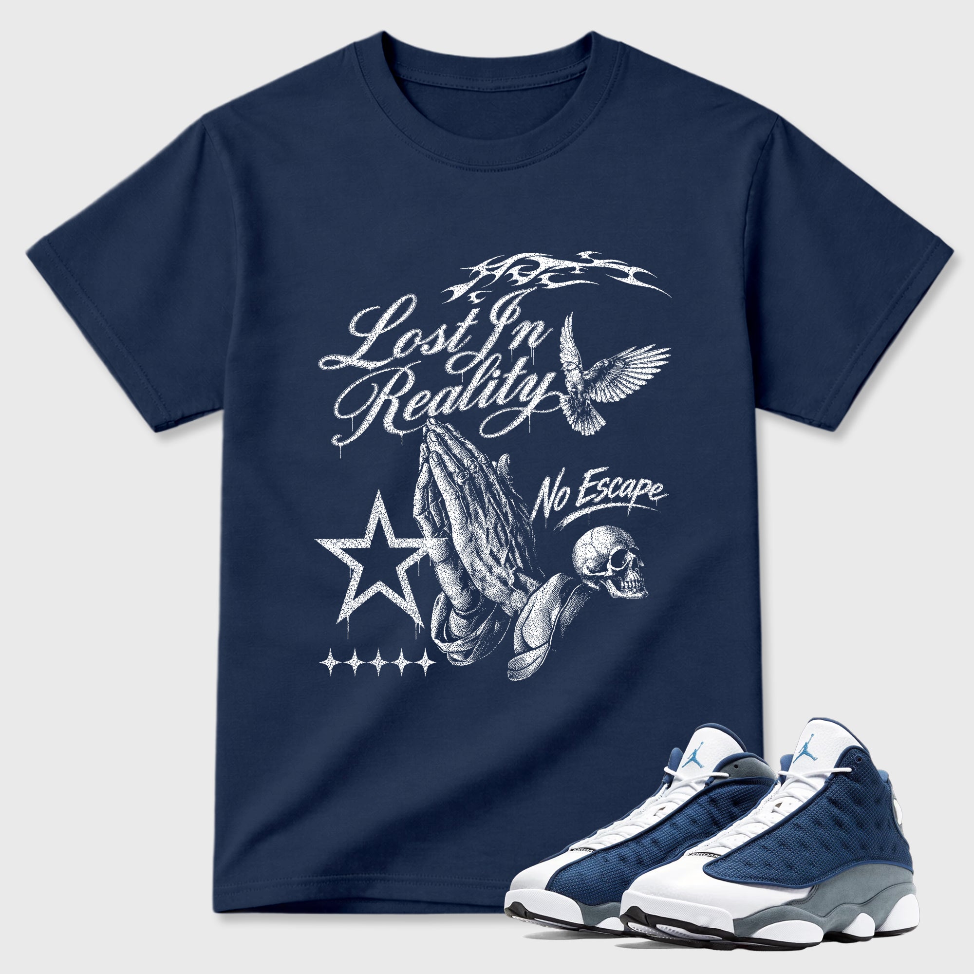 Lost in Reality Graphic T-Shirt featuring original streetwear artwork designed to match the Air Jordan 13 Flint. Navy 1 Graphic T-Shirt.