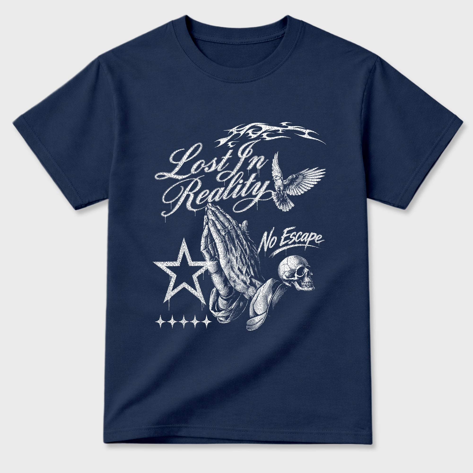 Lost in Reality Graphic T-Shirt featuring original streetwear artwork designed to match the Air Jordan 13 Flint. Navy 2 Graphic T-Shirt.