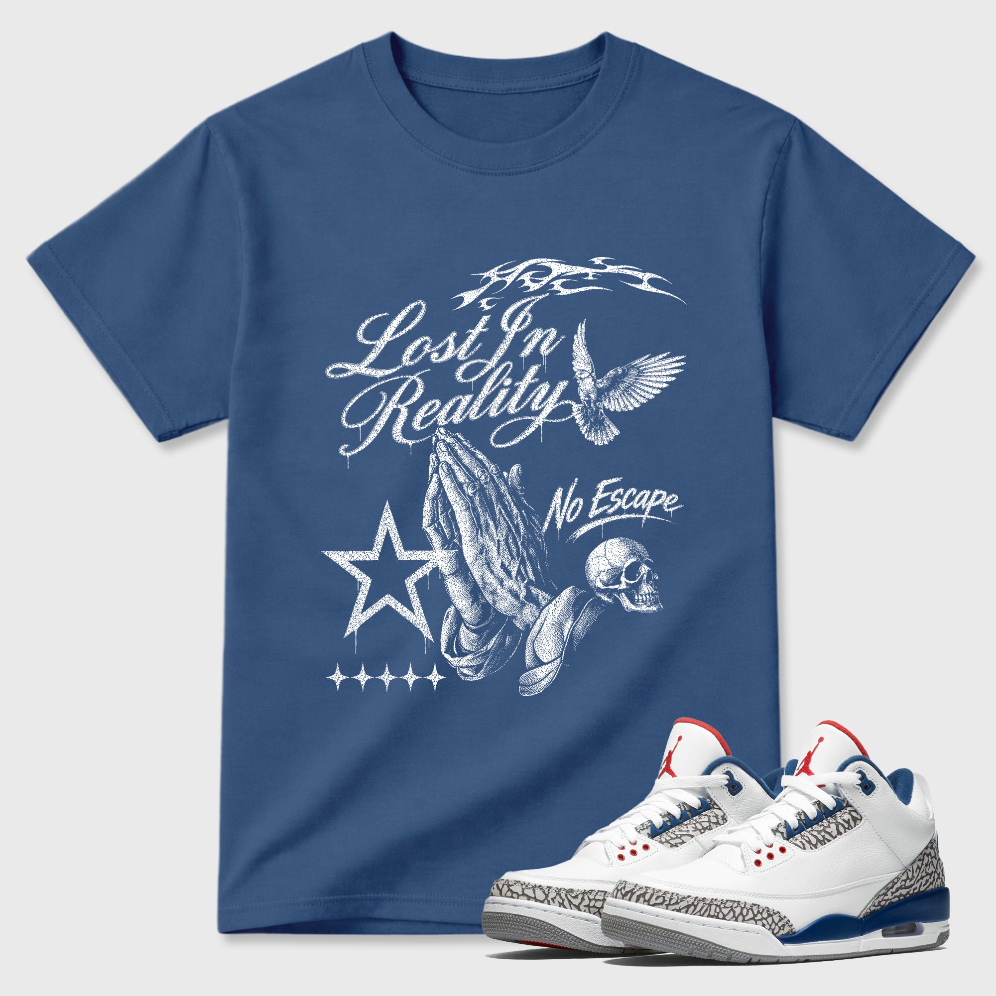 Lost in Reality Graphic T-Shirt featuring original streetwear artwork designed to match the Air Jordan 3 True Blue. Denim Blue 1 Graphic T-Shirt.