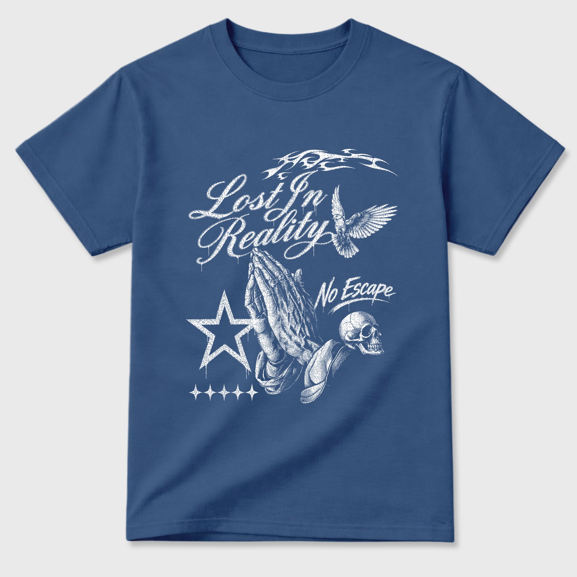 Lost in Reality Graphic T-Shirt featuring original streetwear artwork designed to match the Air Jordan 3 True Blue. Denim Blue 2 Graphic T-Shirt.