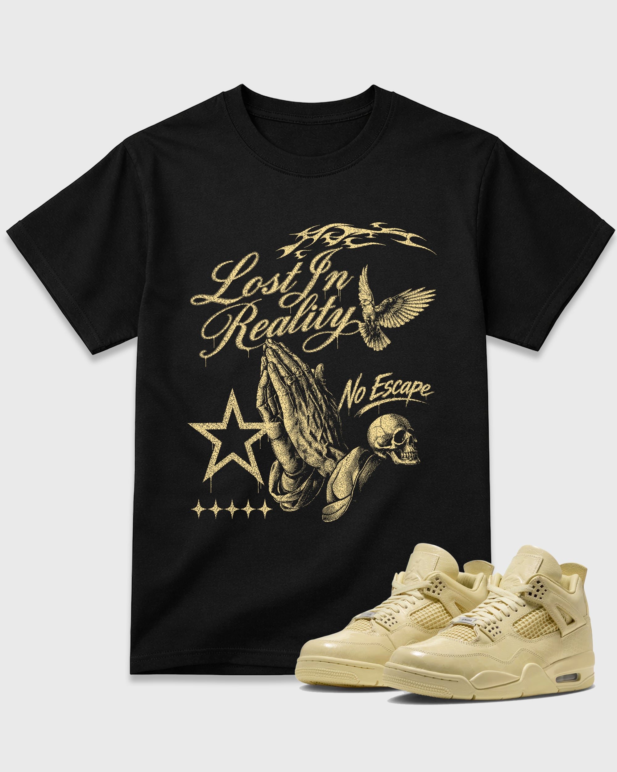 Lost in Reality Graphic T-Shirt featuring original streetwear artwork designed to match the Air Jordan 4 X J Balvin 'Amazonas'. Black 1 Graphic T-Shirt.