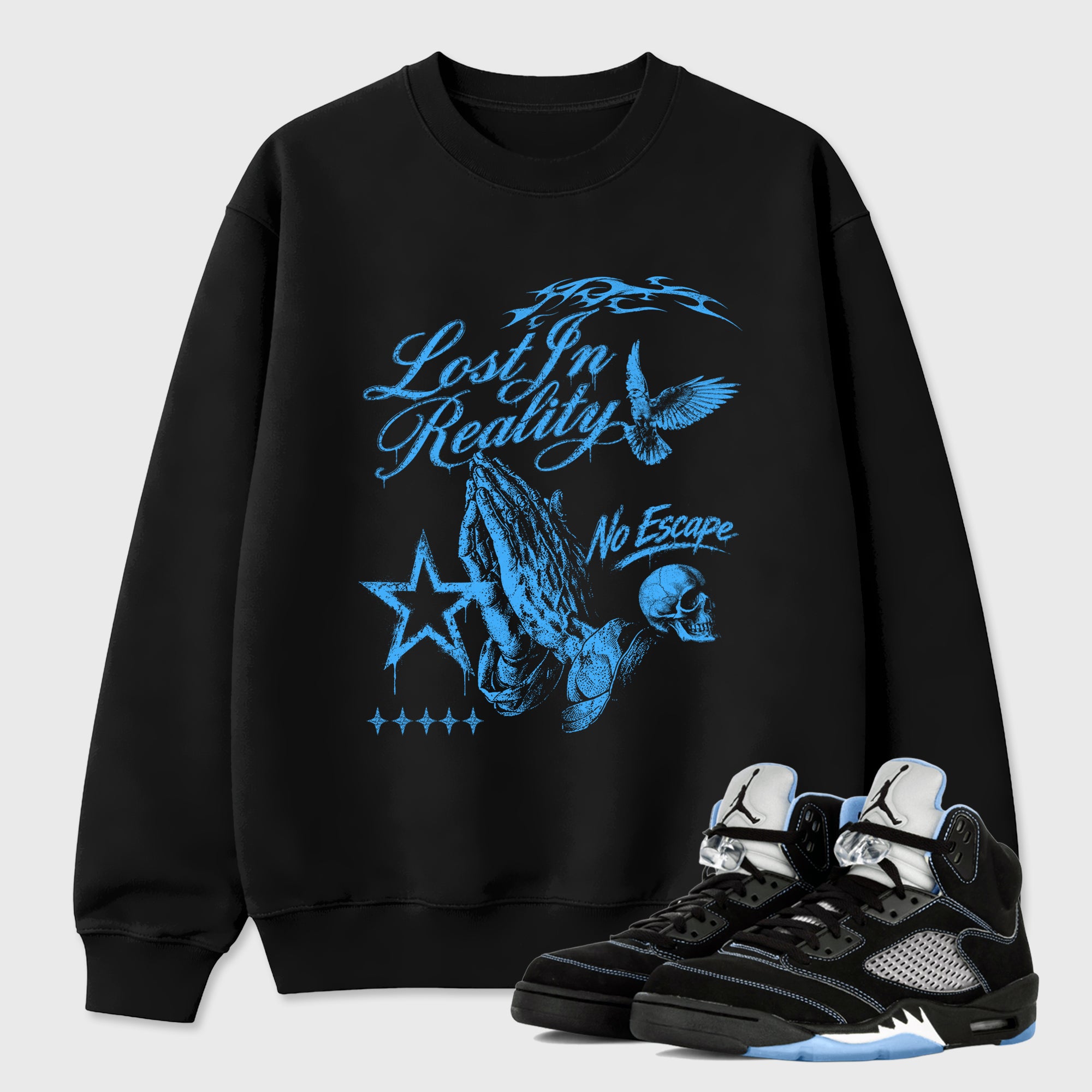 Sneakerfit Streetwear outfit, Sneaker Tees To Match Air Jordan 5 Black Carolina Lost in reality Graphic Tee Black 1