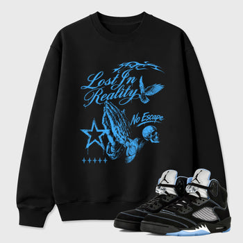 Sneakerfit Streetwear outfit, Sneaker Tees To Match Air Jordan 5 Black University Blue – Lost in reality Graphic Tee Black 1