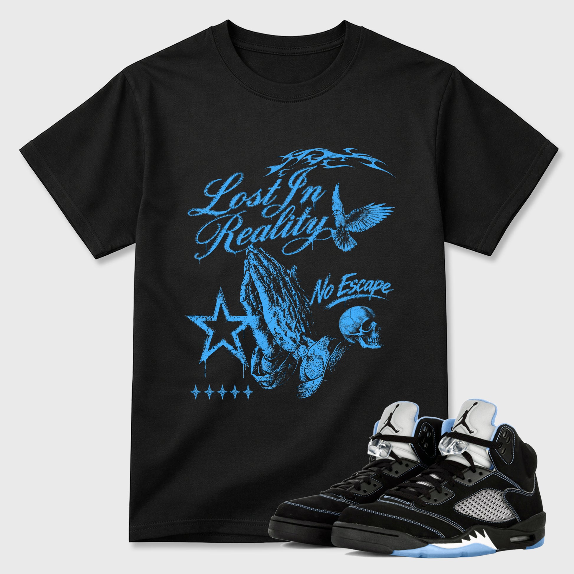 Sneakerfit Streetwear outfit, Sneaker Tees To Match Air Jordan 5 Black University Blue – Lost in reality Graphic Tee Black 1