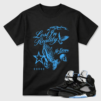 Sneakerfit Streetwear outfit, Sneaker Tees To Match Air Jordan 5 Black University Blue – Lost in reality Graphic Tee Black 1