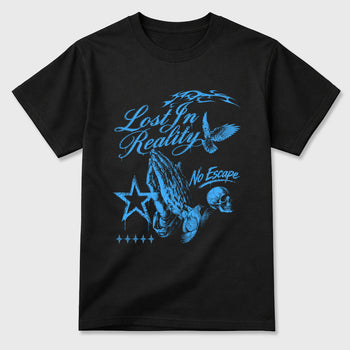 Sneakerfit Streetwear outfit, Sneaker Tees To Match Air Jordan 5 Black University Blue – Lost in reality Graphic Tee Black 2