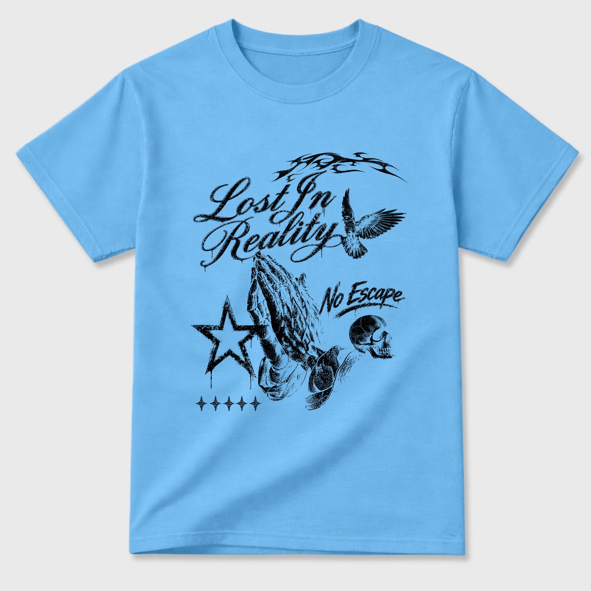 Sneakerfit Streetwear outfit, Sneaker Tees To Match Air Jordan 5 Black University Blue – Lost in reality Graphic Tee Carolina Blue 2