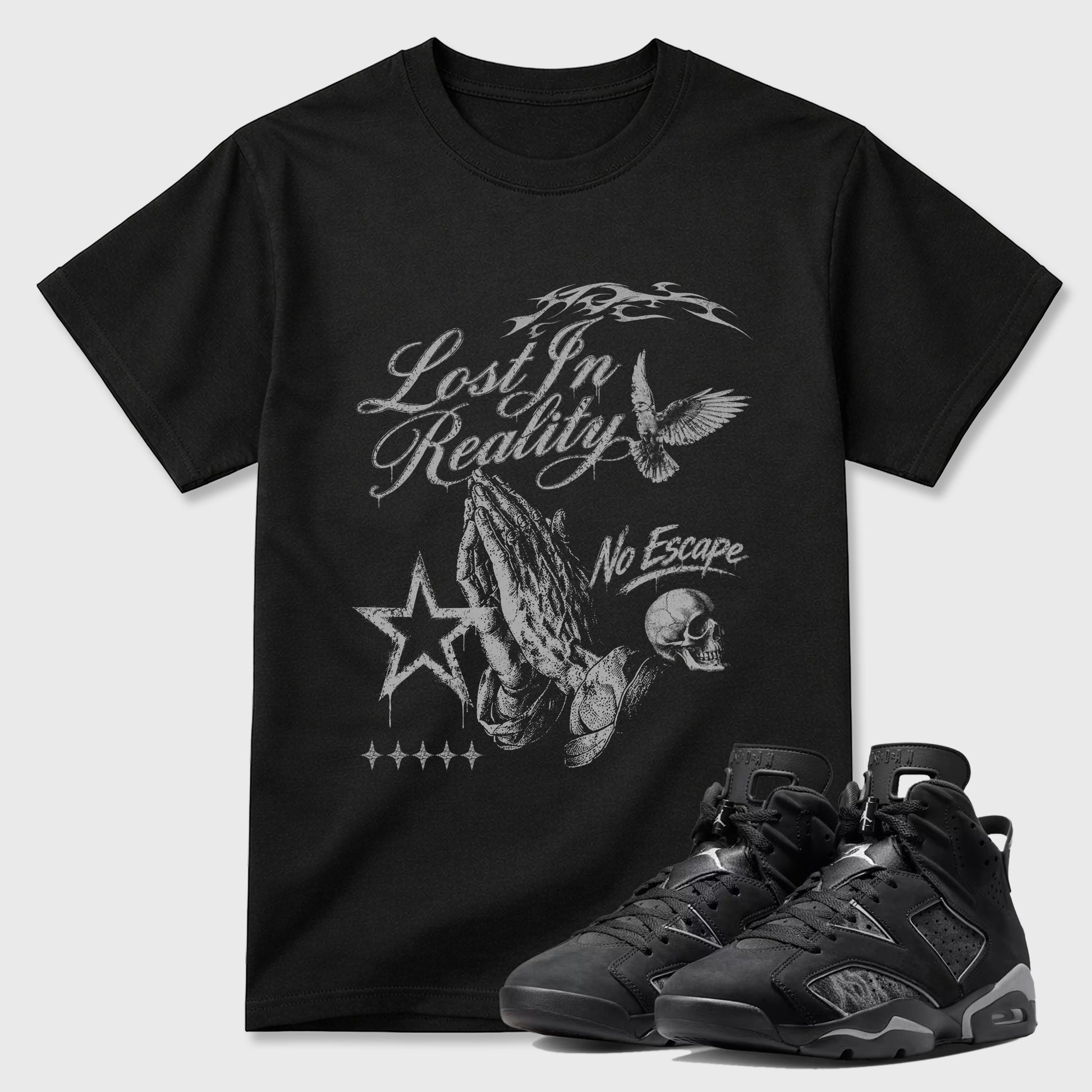 Sneaker match tees – Sneaker Tees To Match Air Jordan 6 Cap and Gown Shoes – Lost in Reality Tee Black 1