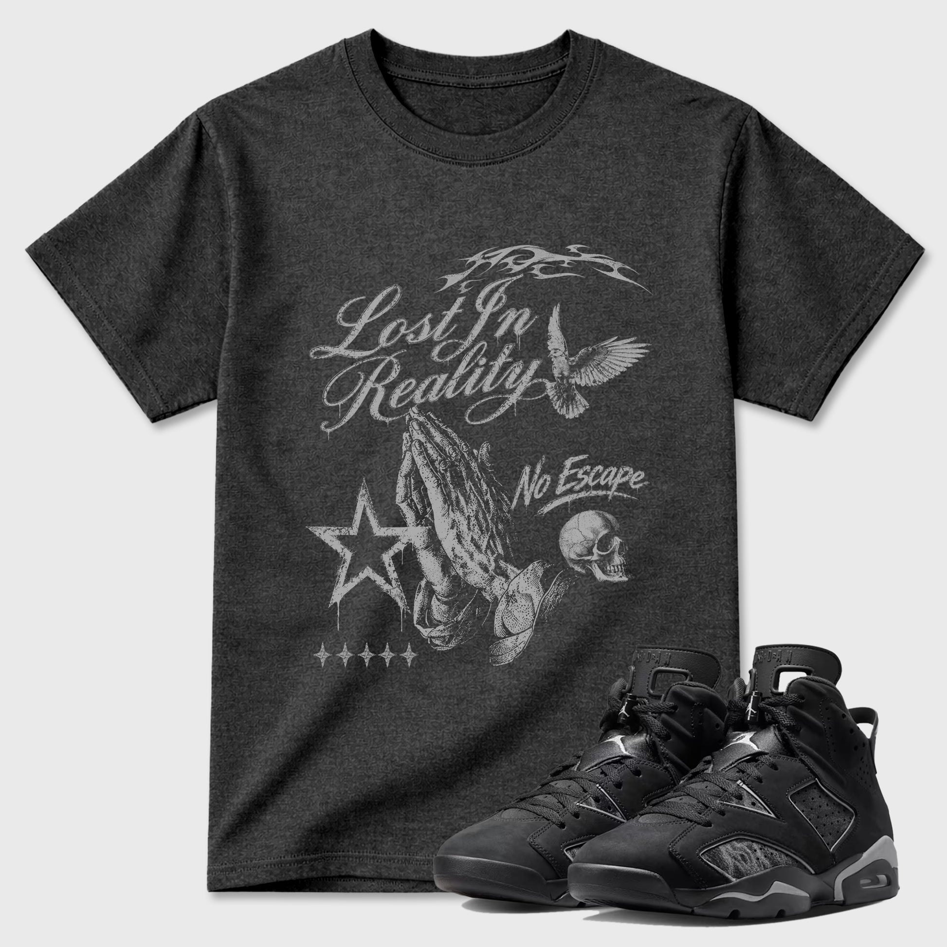 Sneaker match tees – Sneaker Tees To Match Air Jordan 6 Cap and Gown Shoes – Lost in Reality Tee Charcoal Heather 1
