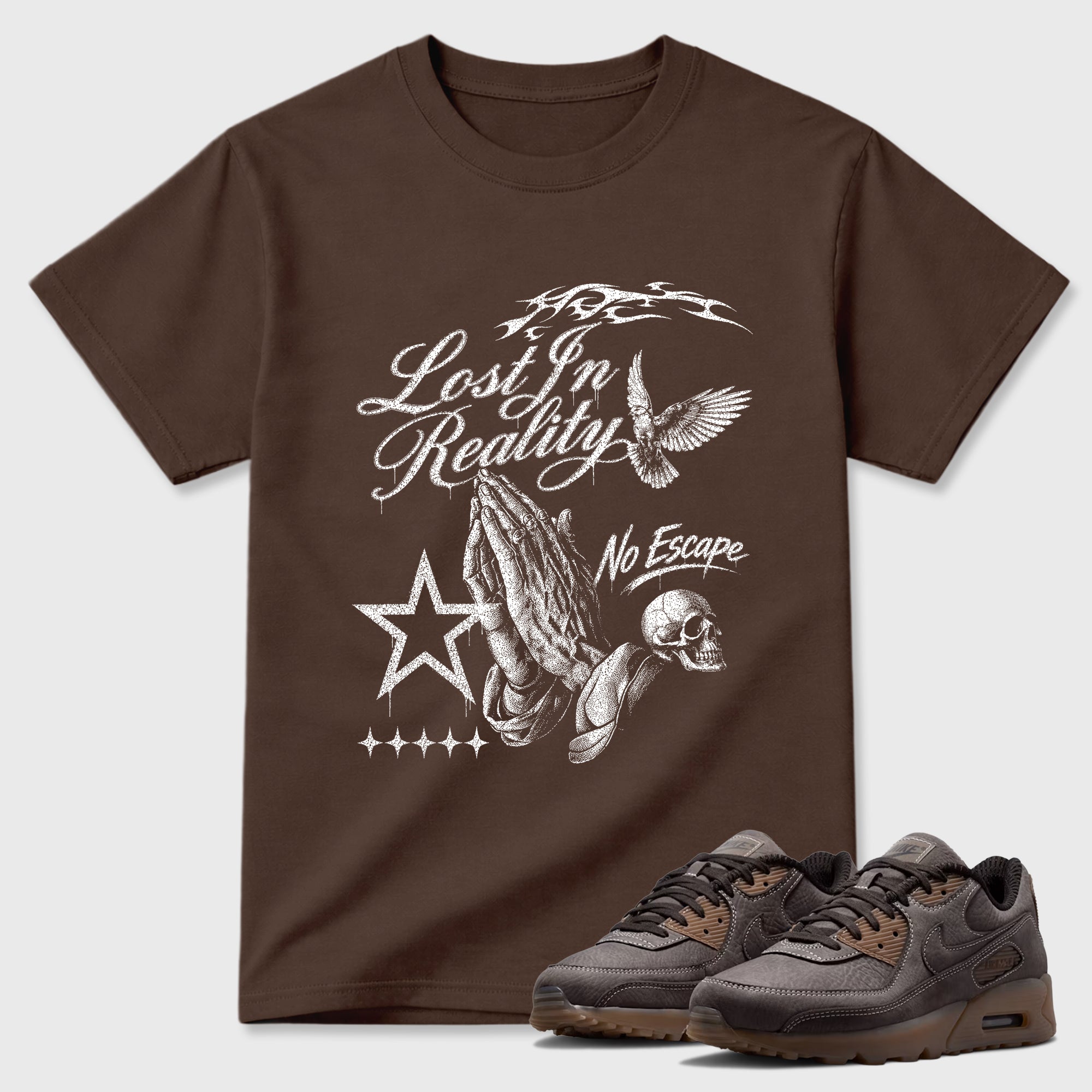 Lost In Reality Graphic T-Shirt featuring original streetwear artwork designed to match the Air Max 90 Shadow Brown. Dark Chocolate 1 Graphic T-Shirt.