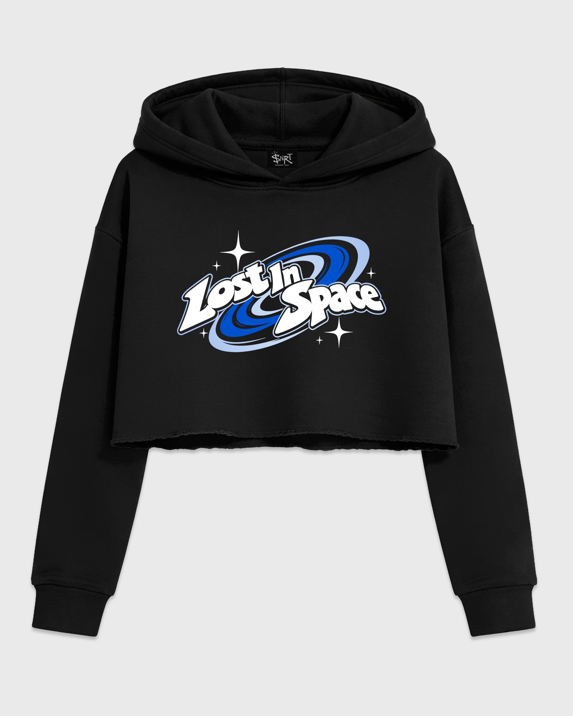 Lost in Space Women’s Graphic Crop Tee featuring original streetwear artwork designed to match the Air Jordan 11 Space Jam. Black 2 Crop Tee.