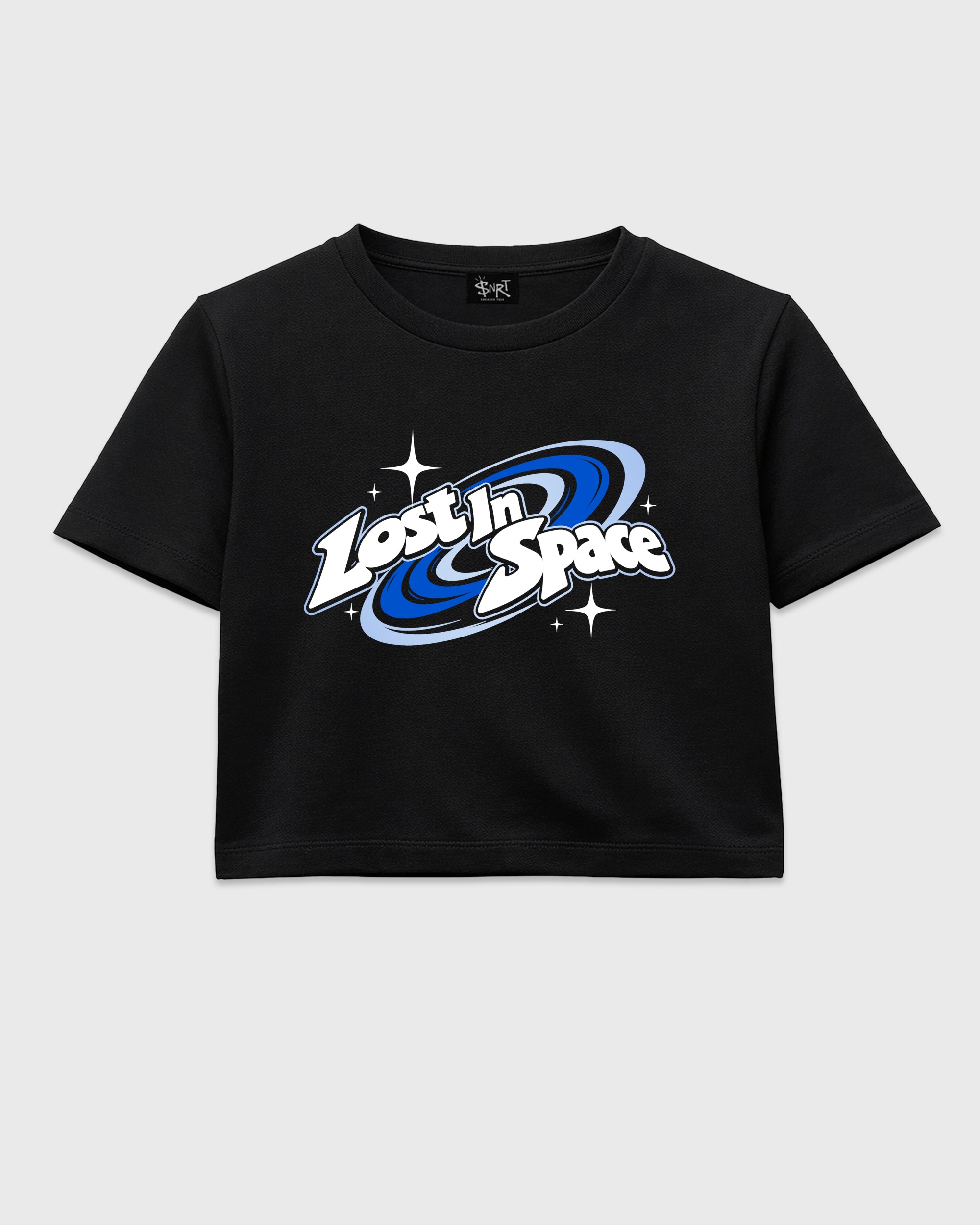 Lost in Space women’s crop tee designed to match the Air Jordan 11 Space Jam, featuring coordinated Black 2 options for a perfect streetwear vibe.