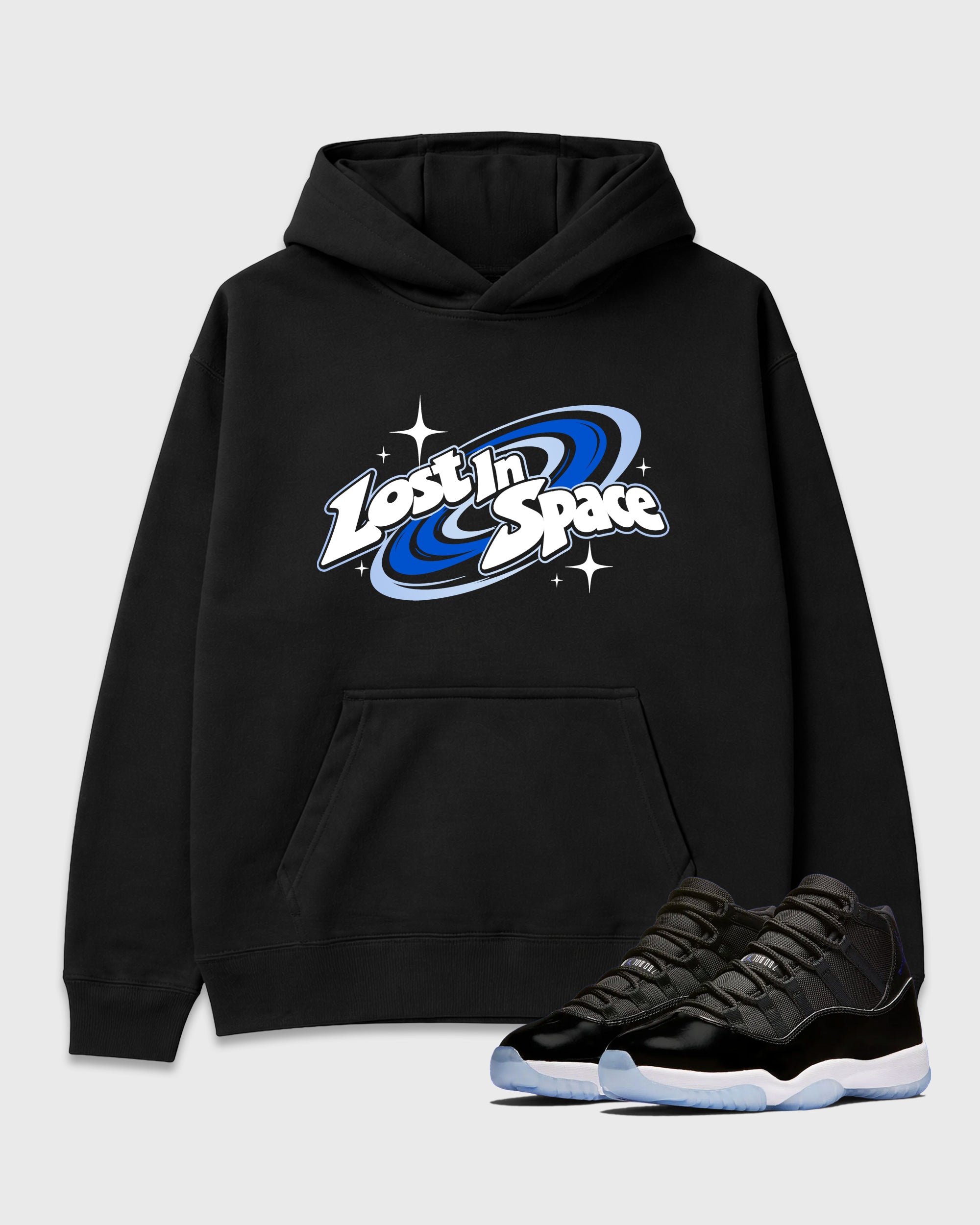 Lost in Space Graphic T-Shirt featuring original streetwear artwork designed to match the Air Jordan 11 Space Jam. Black 1 Graphic Tee.
