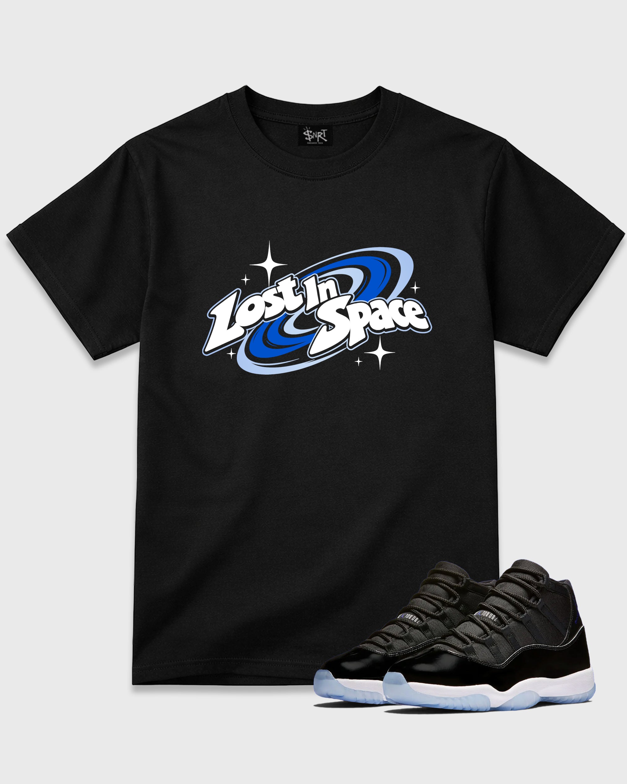 Lost in Space Graphic T-Shirt featuring original streetwear artwork designed to match the Air Jordan 11 Space Jam. Black 1 Graphic T-Shirt.