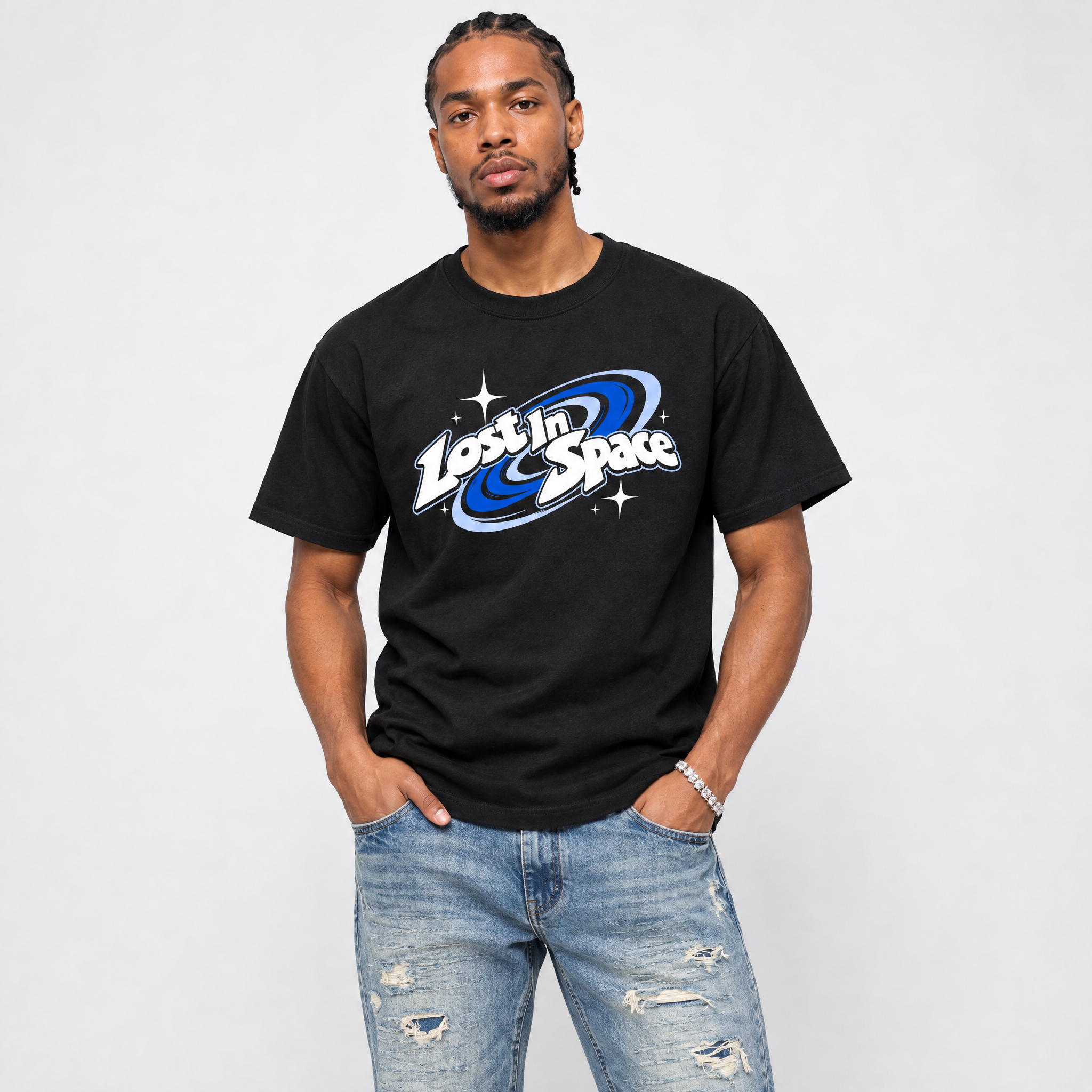 Lost in Space Graphic T-Shirt featuring original streetwear artwork designed to match the Air Jordan 11 Space Jam. Black 1 Graphic T-Shirt.
