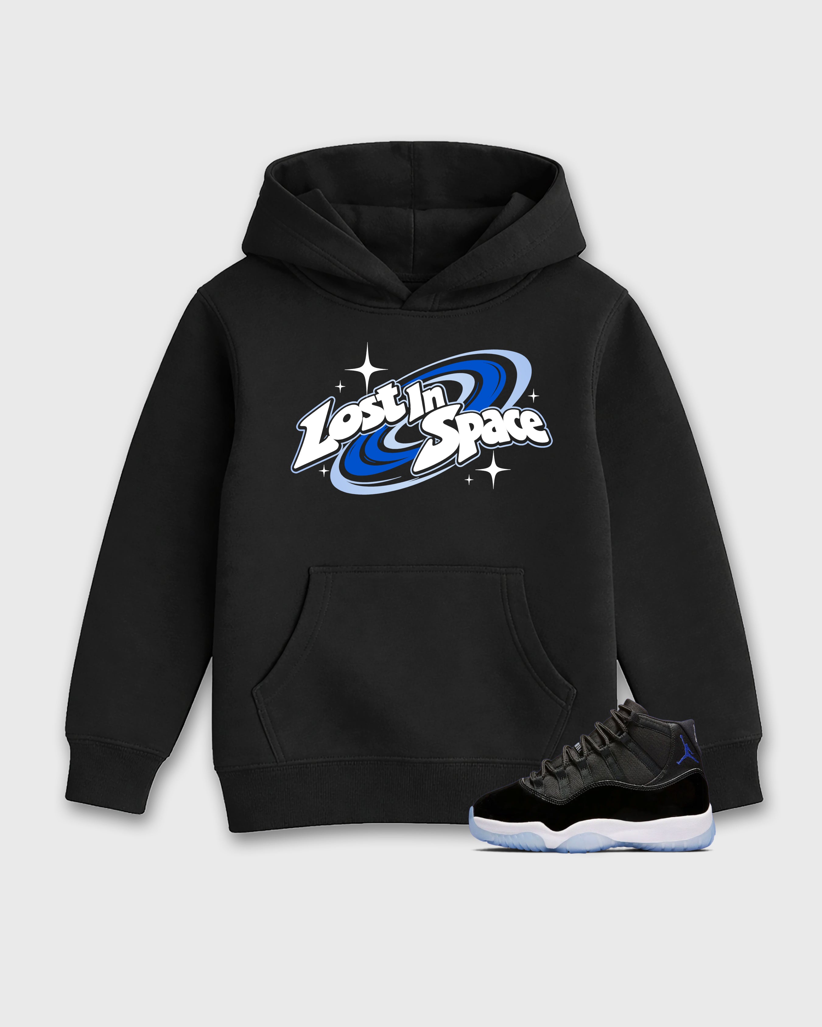 Lost in Space Baby & Kids Graphic Hoodie featuring original artwork designed to match the Air Jordan 11 Space Jam. Black 1 Kids Graphic Sweater.