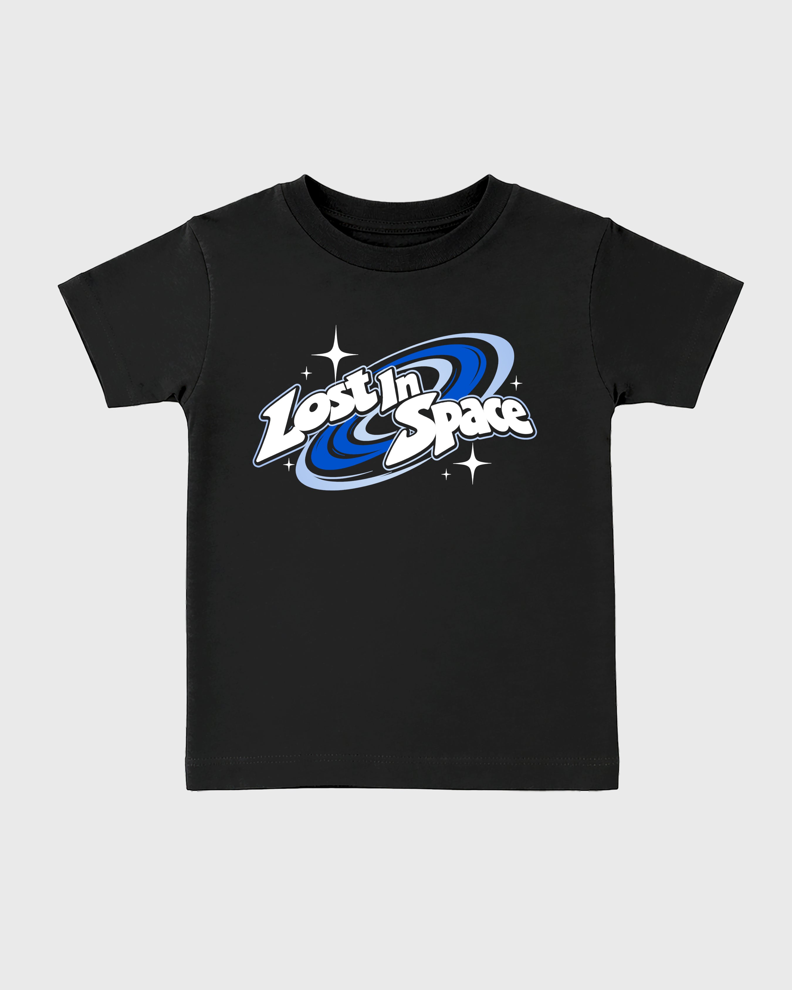 Lost in Space Baby & Kids Graphic T-Shirt featuring original artwork designed to match the Air Jordan 11 Space Jam. Black 2 Kids Graphic Tee.