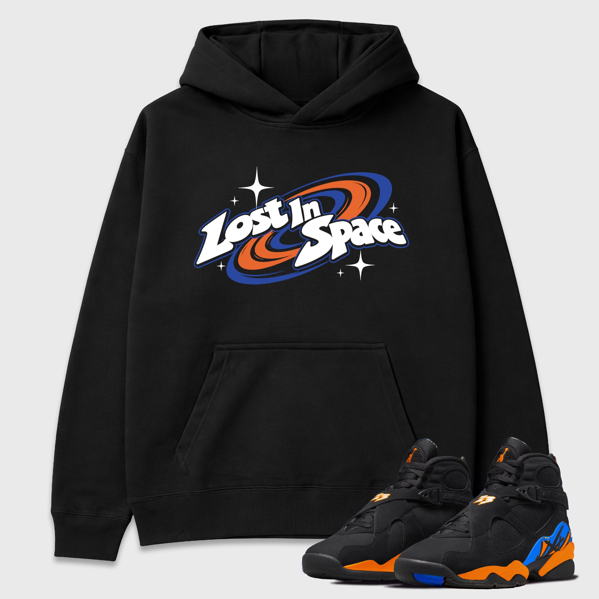 Lost in Space Graphic T-Shirt featuring original streetwear artwork designed to match the Air Jordan 8 Knicks. Black 1 Graphic Tee.