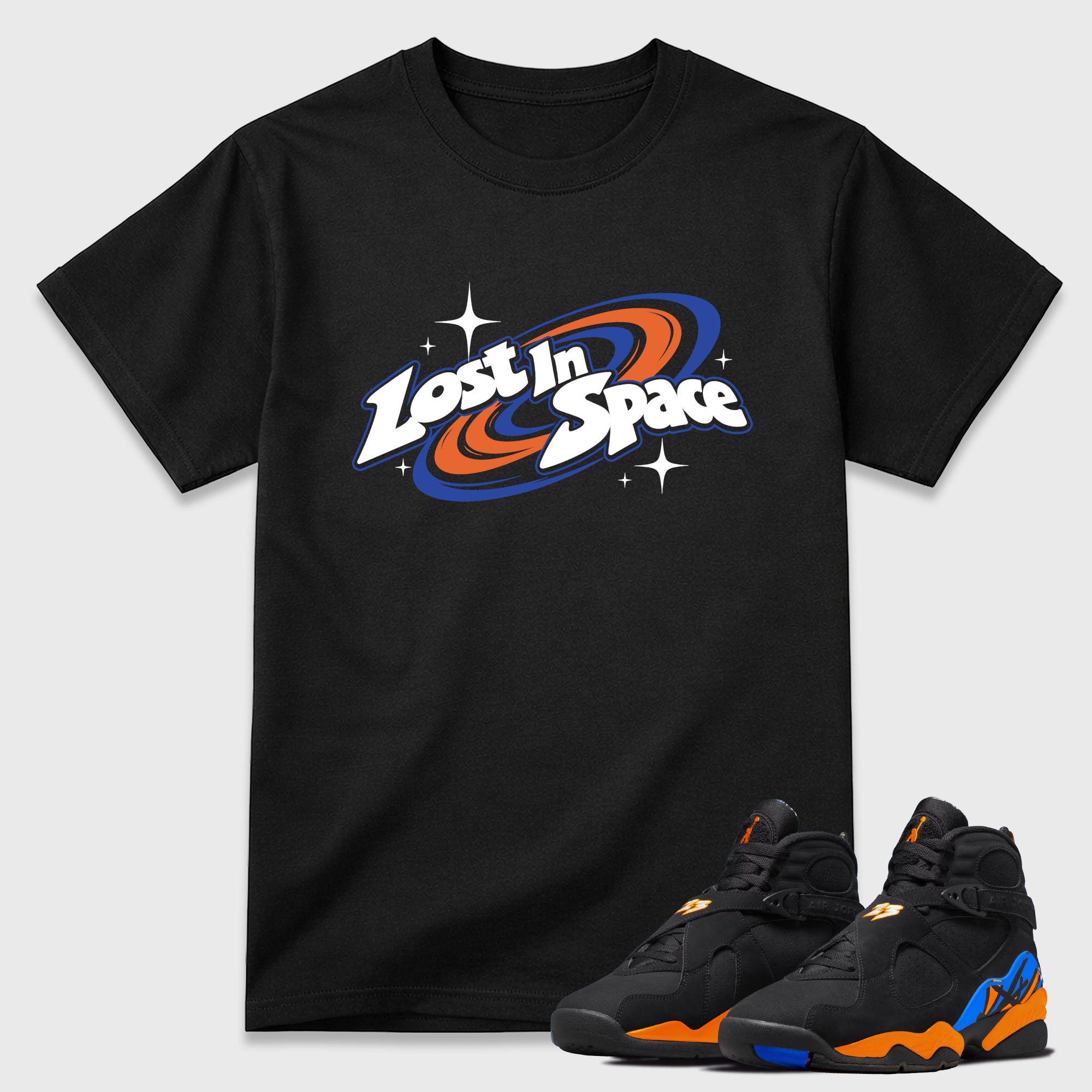 Lost in Space Graphic T-Shirt featuring original streetwear artwork designed to match the Air Jordan 8 Knicks. Black 1 Graphic T-Shirt.