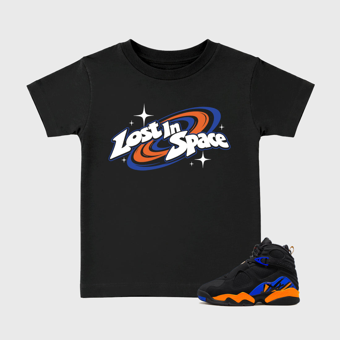 Lost in Space Baby & Kids Graphic T-Shirt featuring original artwork designed to match the Air Jordan 8 Knicks. Black 1 Kids Graphic Tee.