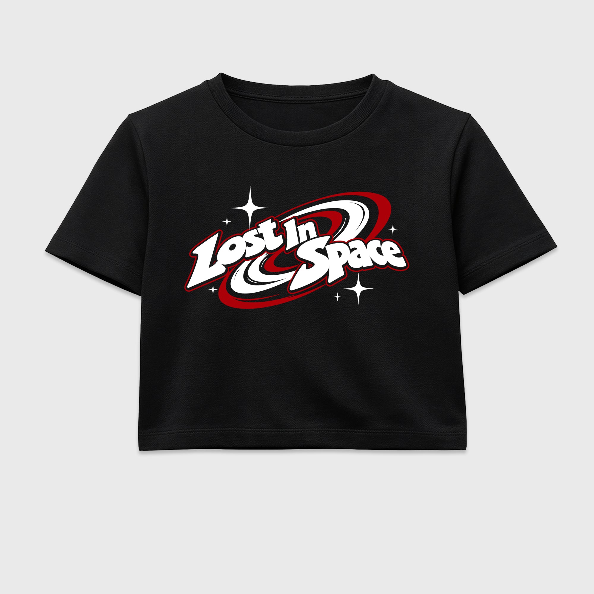 Lost in Space women’s crop tee designed to match the Air Jordan 9 True Red, featuring coordinated Black 2 options for a perfect streetwear vibe.