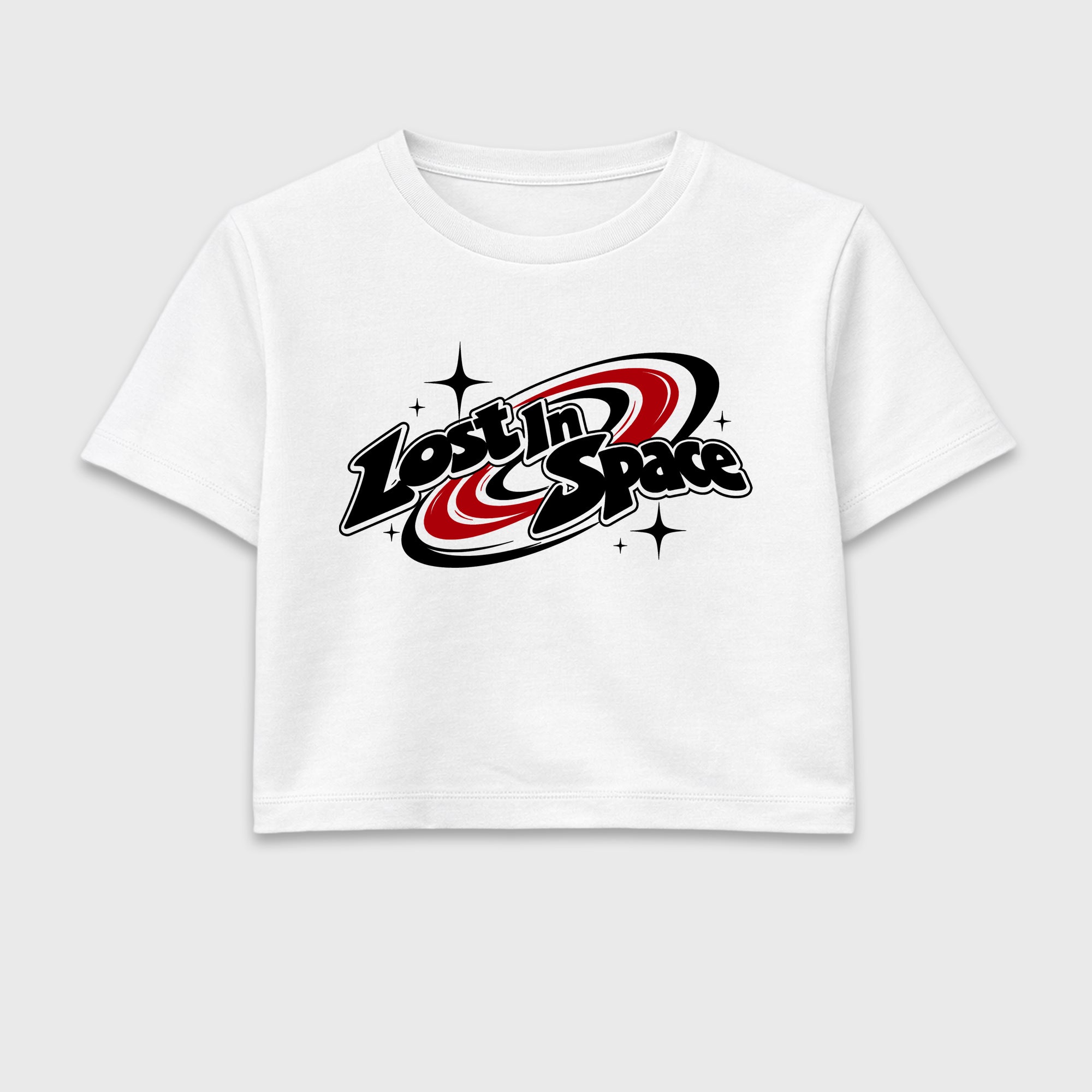Lost in Space women’s crop tee designed to match the Air Jordan 9 True Red, featuring coordinated White 2 options for a perfect streetwear vibe.