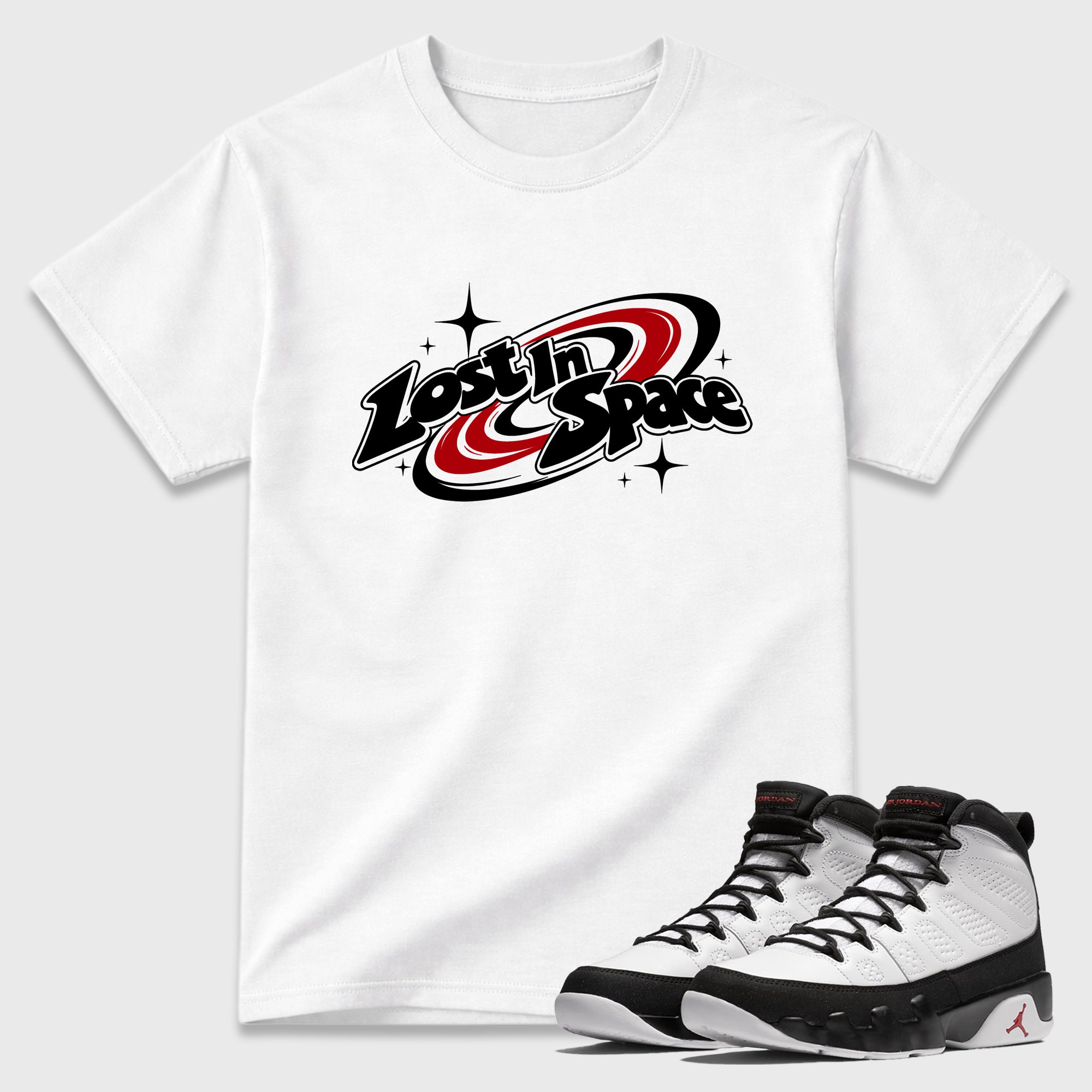 Lost in Space Graphic T-Shirt featuring original streetwear artwork designed to match the Air Jordan 9 True Red. White 1 Graphic T-Shirt.