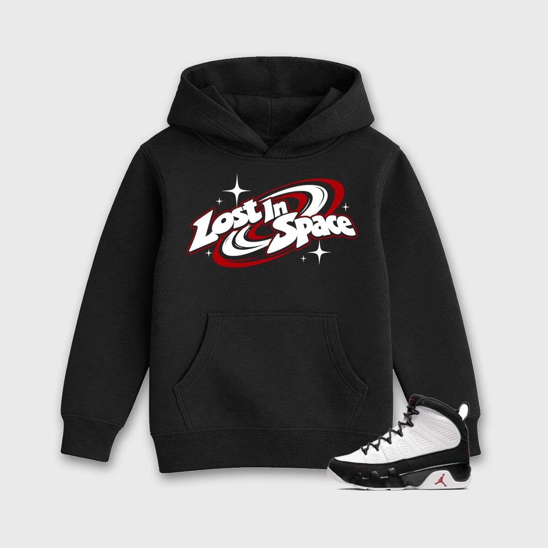 Lost in Space Baby & Kids Graphic Hoodie featuring original artwork designed to match the Air Jordan 9 True Red. Black 1 Kids Graphic Sweater.
