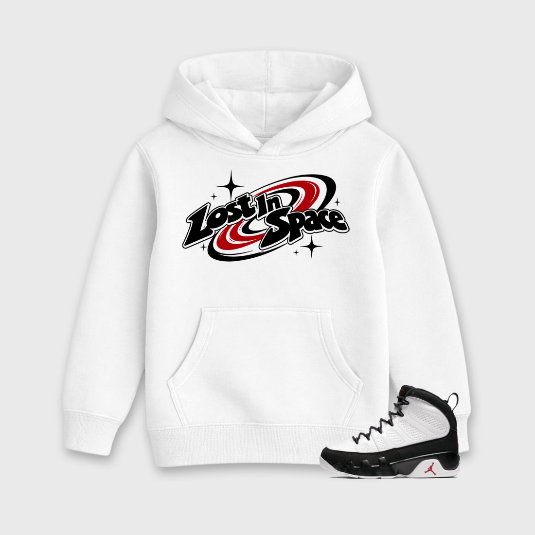 Lost in Space Baby & Kids Graphic Hoodie featuring original artwork designed to match the Air Jordan 9 True Red. White 1 Kids Graphic Sweater.