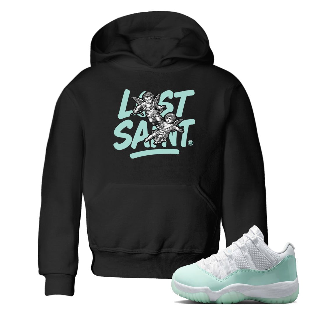 Lost Saint baby and kids t-shirt crafted for little sneakerheads to shine with the Air Jordan 11 Igloo sneakers, displayed in Black 1.