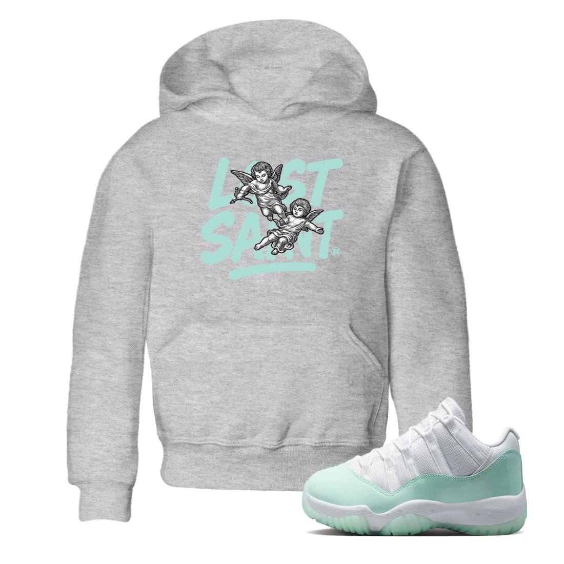 Lost Saint baby and kids t-shirt crafted for little sneakerheads to shine with the Air Jordan 11 Igloo sneakers, displayed in Heather Grey 1.