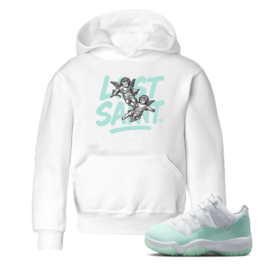 Lost Saint baby and kids t-shirt crafted for little sneakerheads to shine with the Air Jordan 11 Igloo sneakers, displayed in White 1.