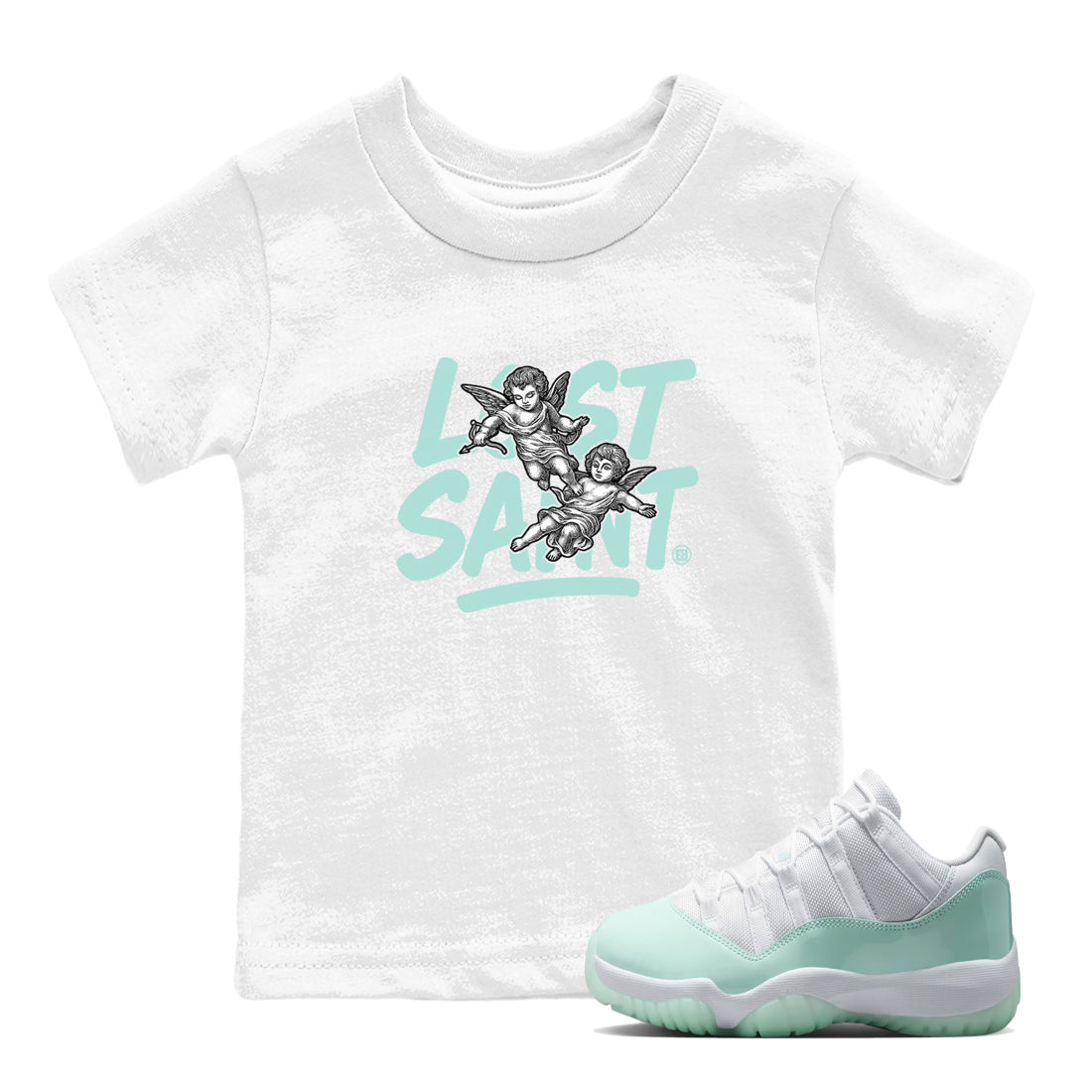 Lost Saint baby and kids t-shirt crafted for little sneakerheads to shine with the Air Jordan 11 Igloo sneakers, displayed in White 1.
