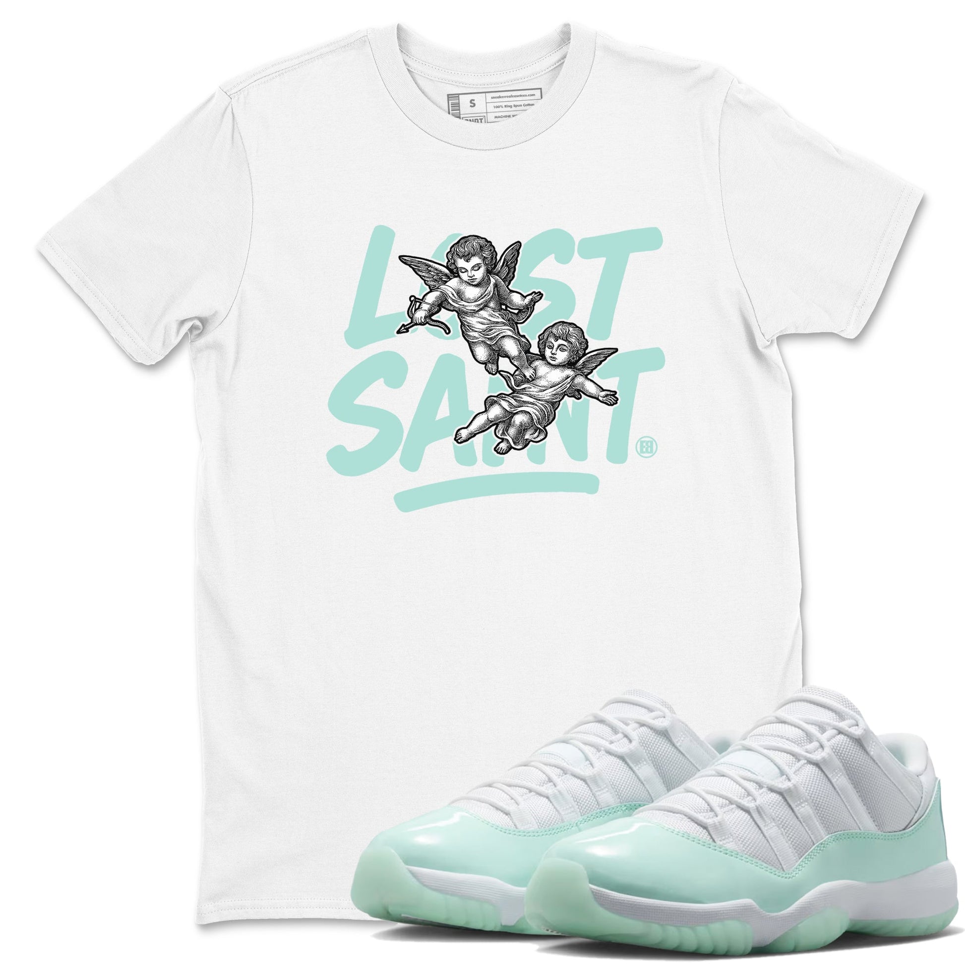 Lost Saint sneaker match t-shirt styled to complete your fit with the Air Jordan 11 Igloo sneakers, shown in White 1.