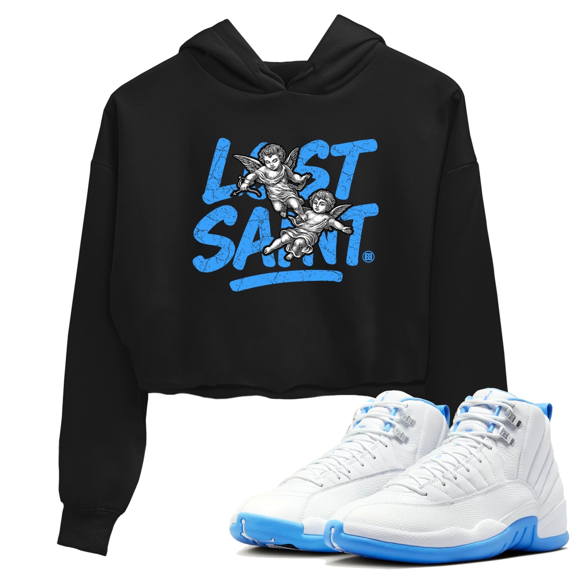 Lost Saint womens crop tee made to vibe with the Air Jordan 12 White and University Blue sneakers — the perfect match in Black 1.