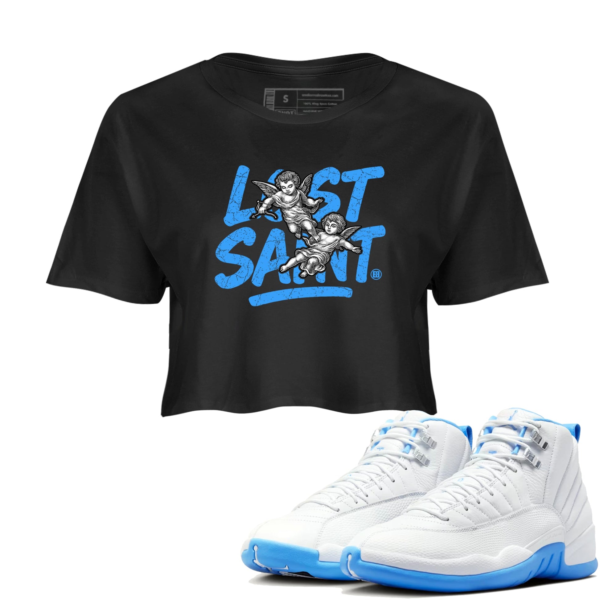 Lost Saint womens crop tee made to vibe with the Air Jordan 12 White and University Blue sneakers — the perfect match in Black 1.